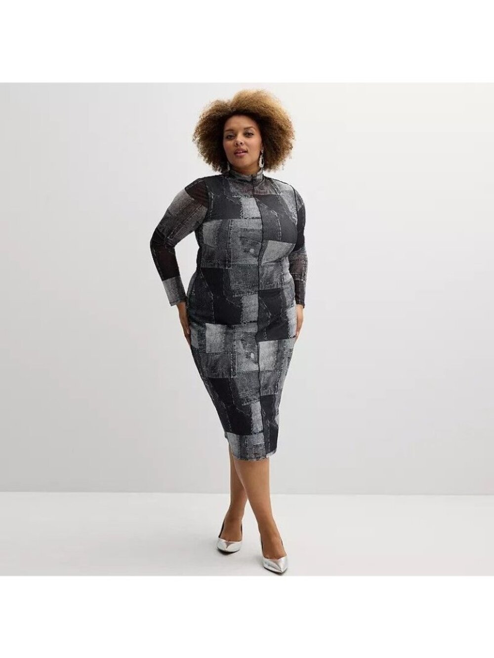 INTEMPO Womens 0X Denim Print Mesh Bodycon Maxi Dress Mock Neck Plus Size NEW - Picture 5 of 5